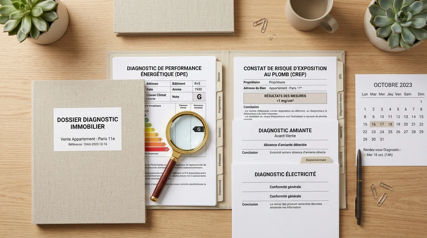 Documents de diagnostic immobilier posés sur un bureau avec un calendrier