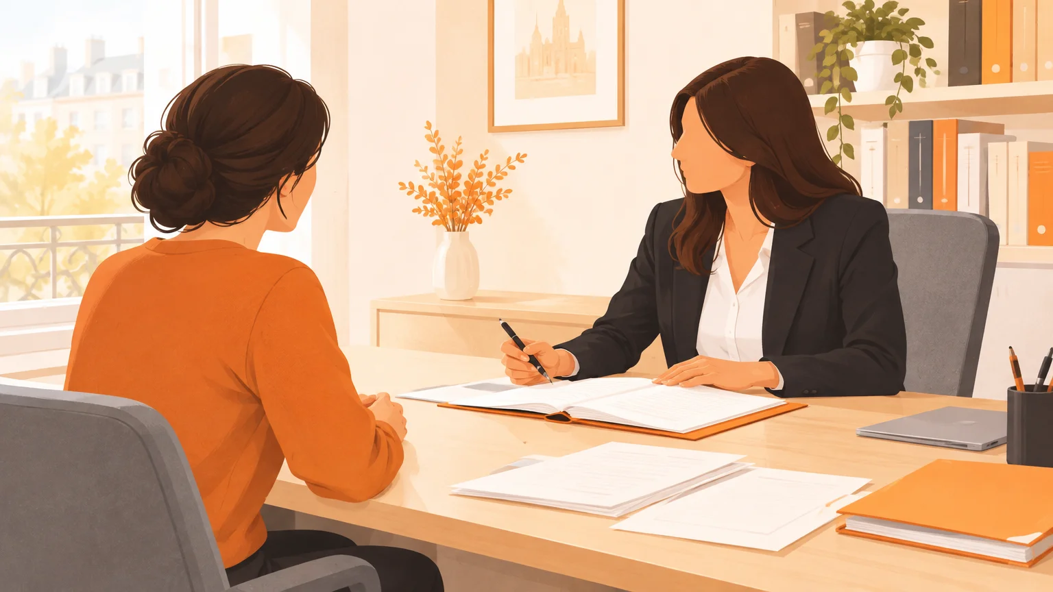 Une cliente échange avec une avocate autour d’un dossier ouvert dans un bureau lumineux.