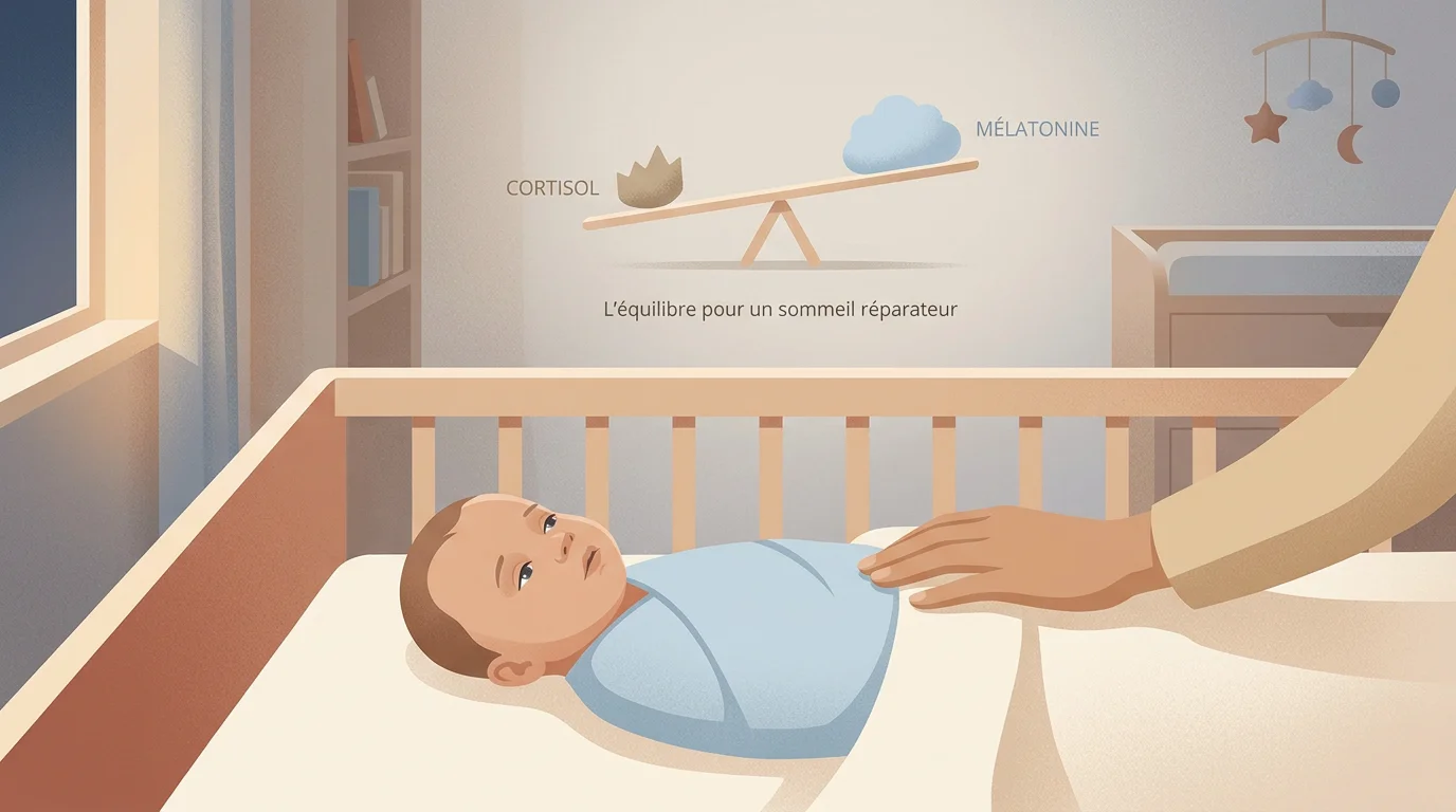 Bébé éveillé et fatigué dans son lit au crépuscule, illustration du cycle veille-sommeil