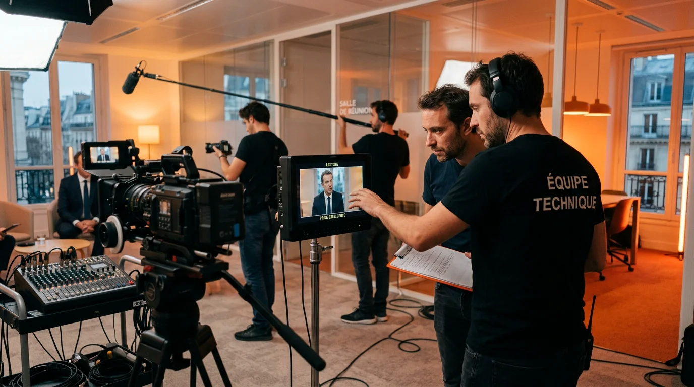 Équipe européenne en plein tournage d'une vidéo d'entreprise avec caméra et éclairage professionnel