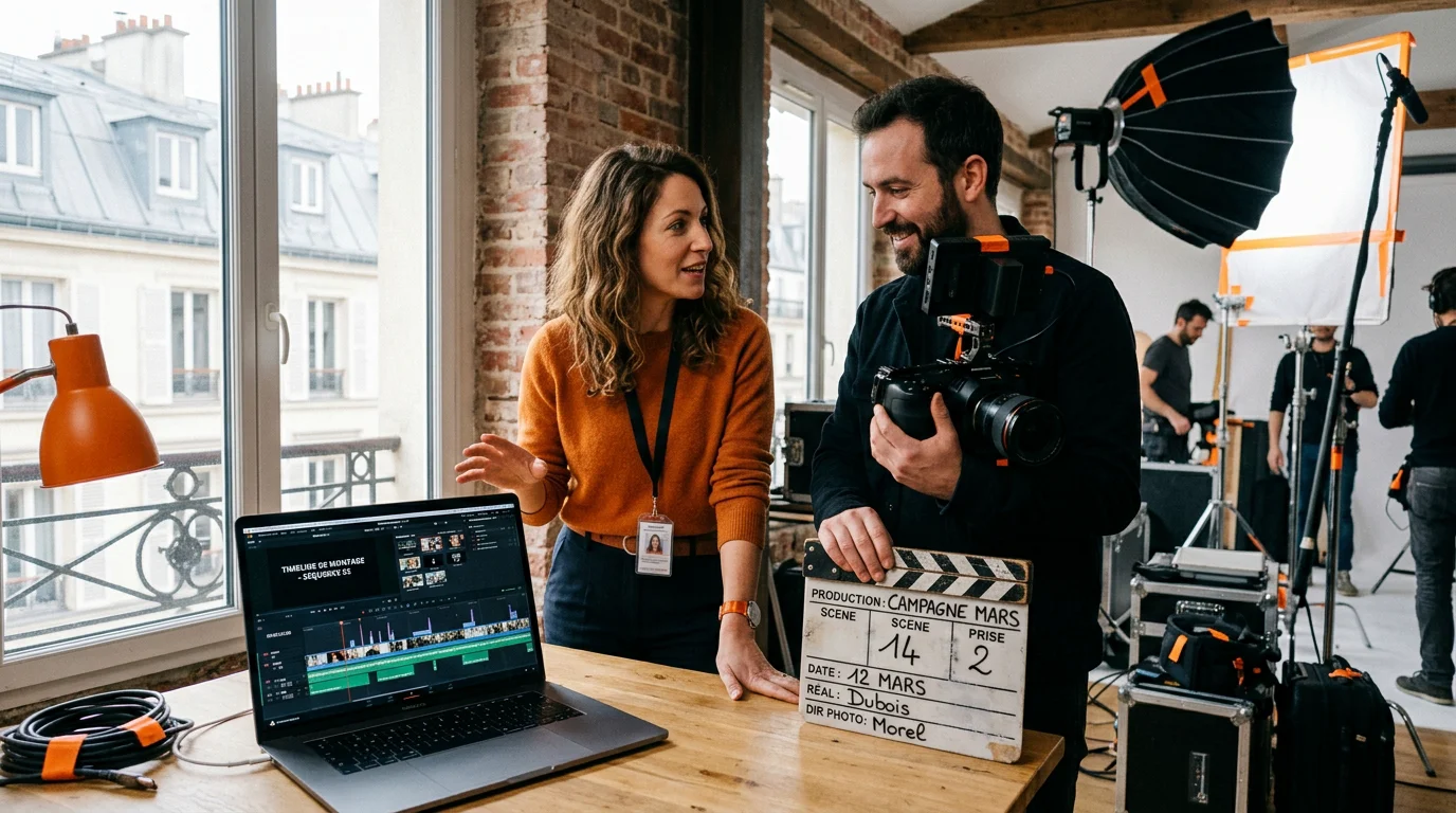 Responsable marketing et vidéaste européens en collaboration sur un tournage vidéo