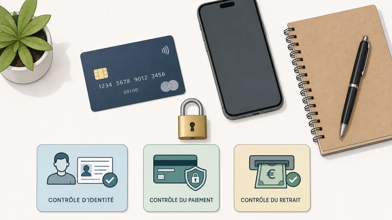 Carte bancaire, smartphone et éléments de contrôle d’un retrait en ligne