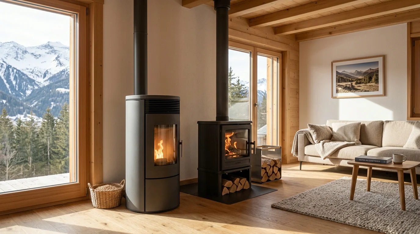 Poêle à pellets et poêle à bois installés dans un séjour de chalet suisse contemporain