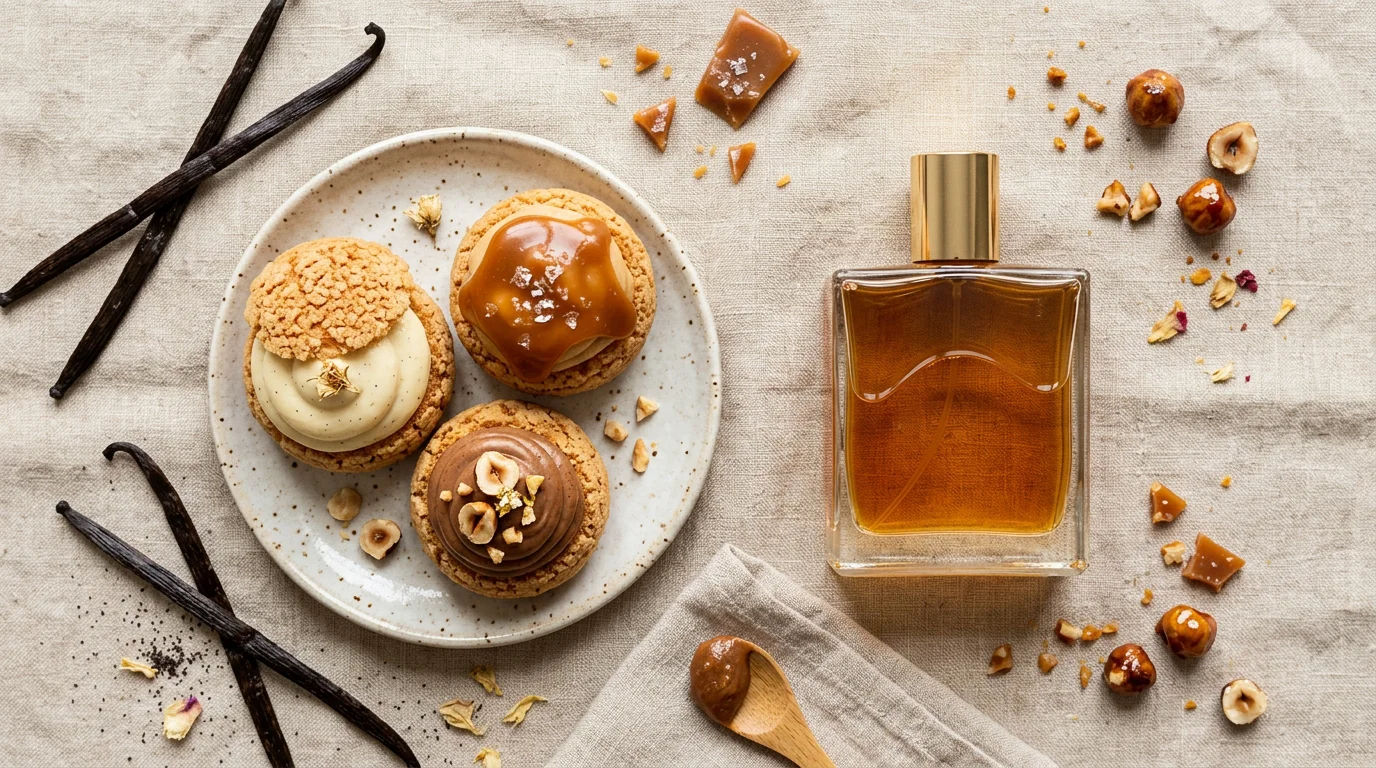 Choux gourmands et flacon de parfum ambré disposés en flat lay