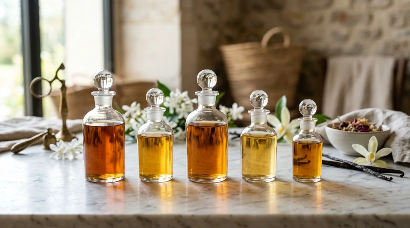 Flacons de parfum ambrés alignés sur un plan de marbre clair