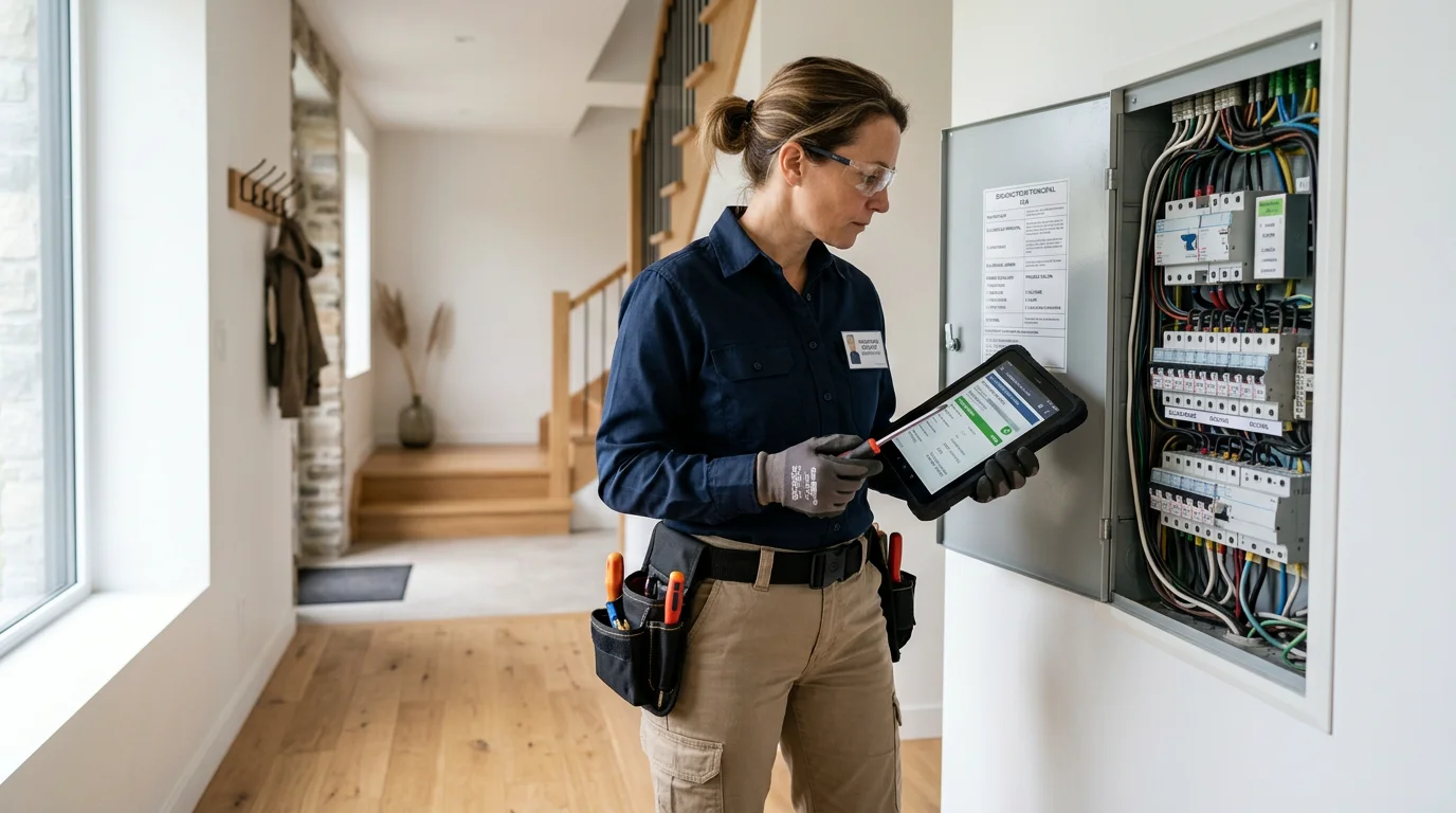 Diagnostiqueur certifié inspectant une installation électrique lors d'un diagnostic de vente