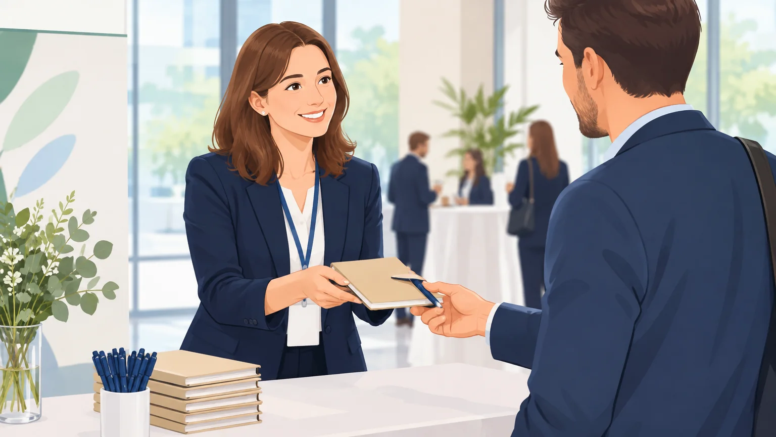 Remise d’un carnet et d’un stylo lors d’un événement professionnel