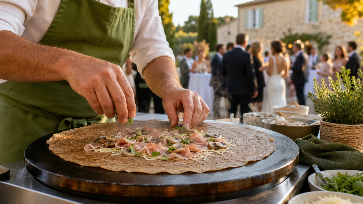 Préparation d’une galette de sarrasin à la minute pendant un mariage en Provence