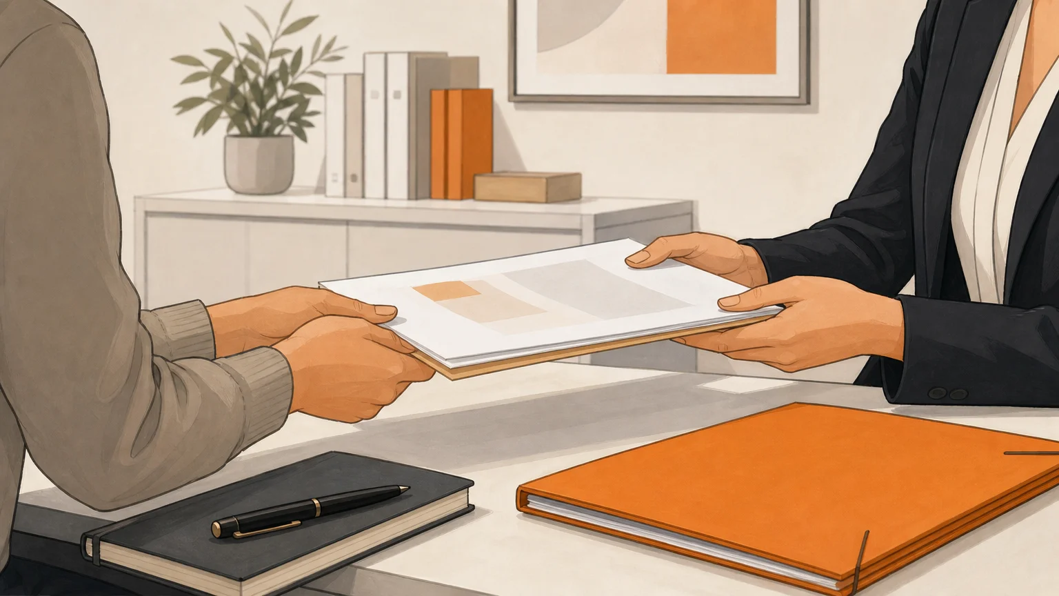 Échange de documents entre deux personnes anonymes dans un bureau juridique aux tons blanc, orange et gris