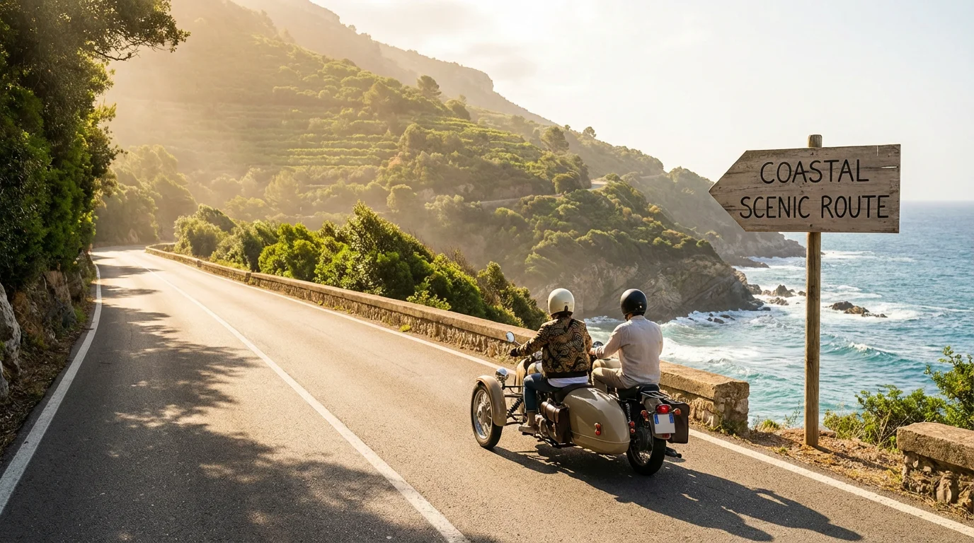 Scenic coastal road along the Mediterranean with riders enjoying a sunny day