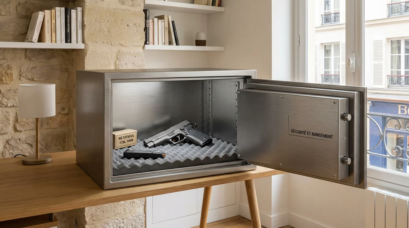 Coffre fort ouvert avec arme de poing rangée sur mousse protectrice