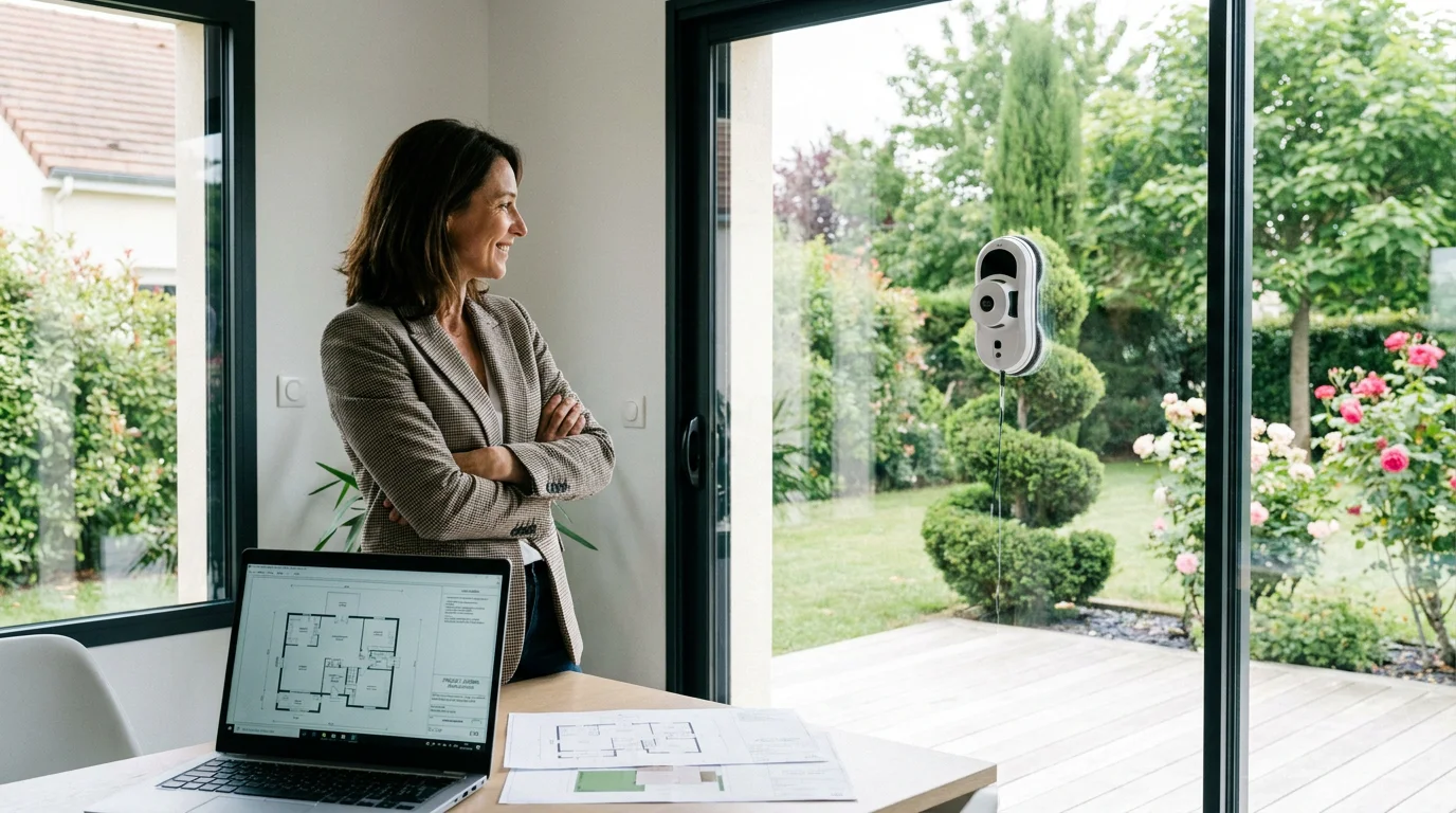 Une femme observe un robot lave-vitre en action sur une grande baie vitrée dans un intérieur français