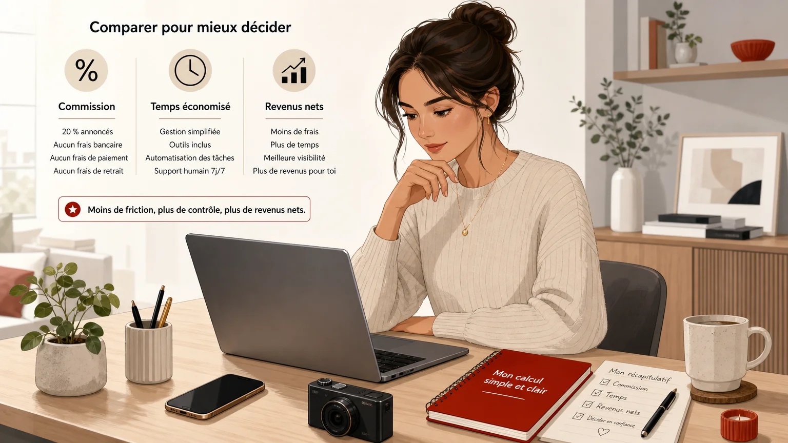 Illustration d’une créatrice évaluant le coût réel d’une plateforme de contenu privé