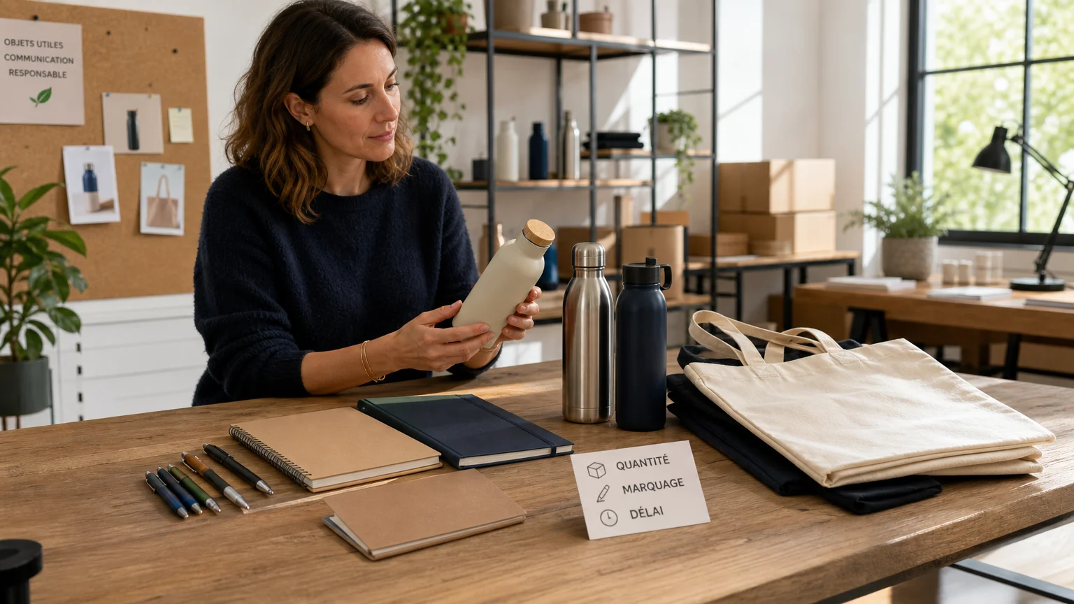 Professionnelle examinant plusieurs goodies et leurs seuils de commande