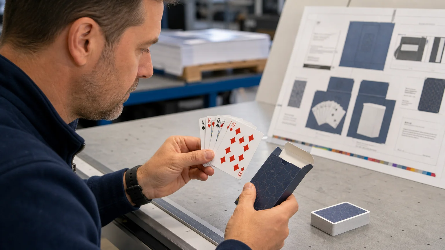 Contrôle d’un jeu de cartes et de son étui en atelier
