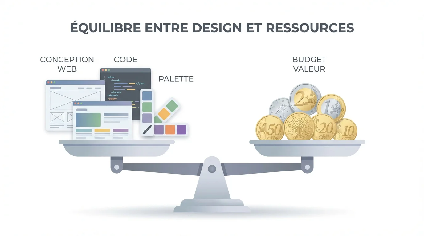 Illustration d'une balance comparant les éléments de conception web et le budget en euros