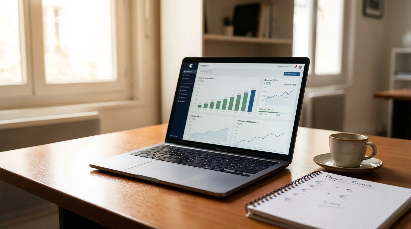 Tableau de bord analytique sur un ordinateur portable montrant la croissance du trafic web