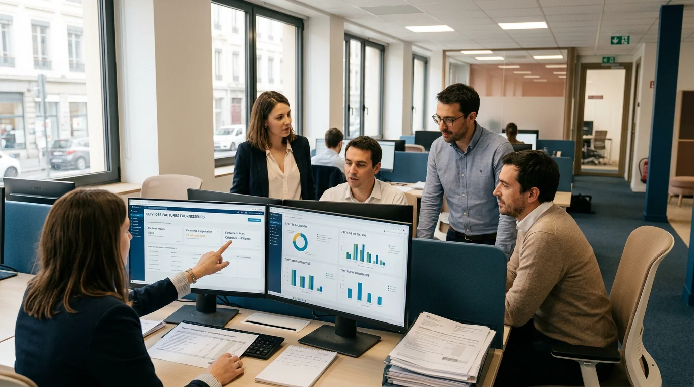 Équipe finance européenne analysant des flux de paiements automatisés dans un bureau moderne