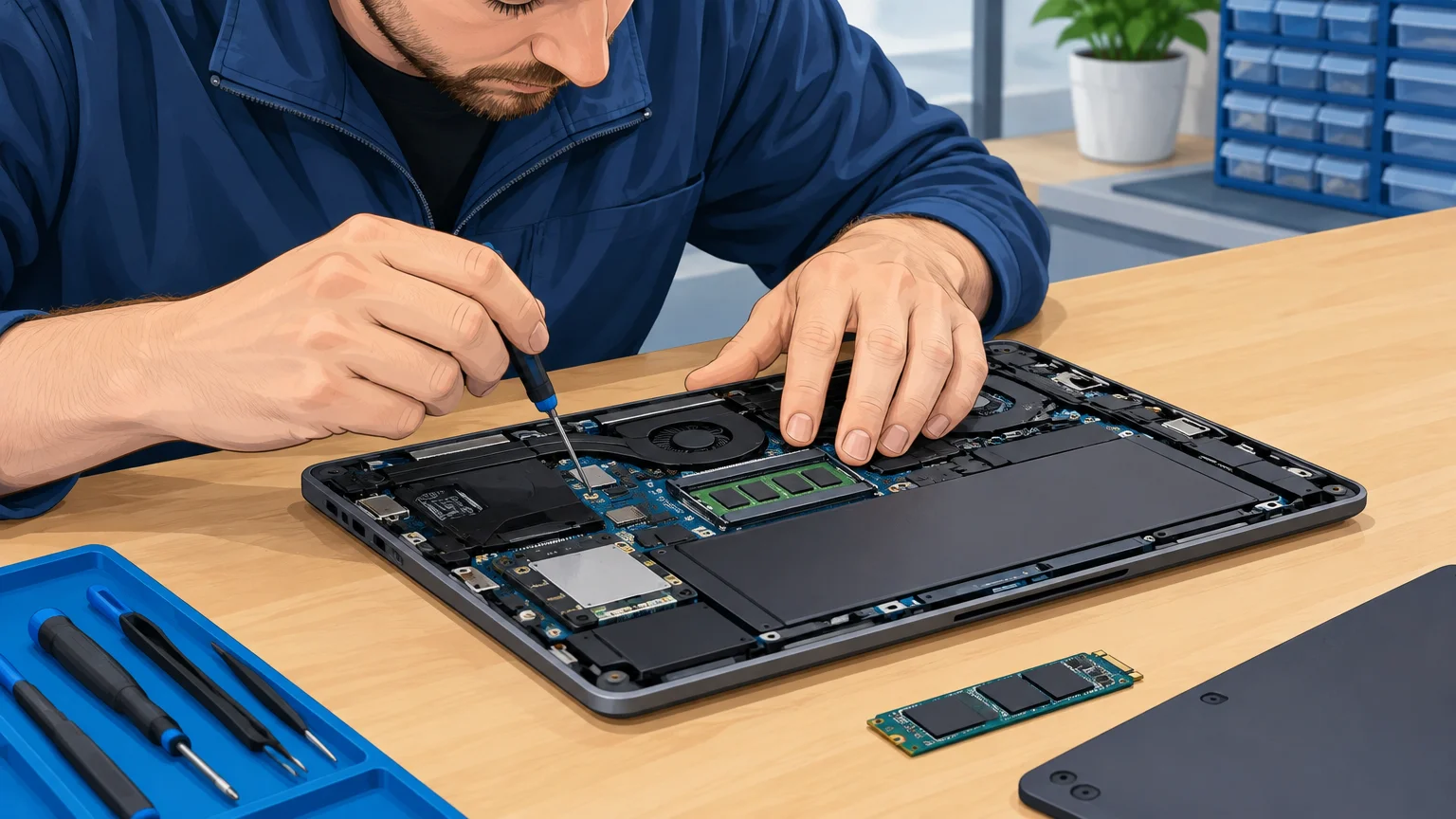 Examen des composants d’un ordinateur portable par un technicien
