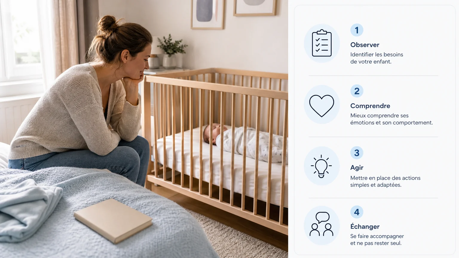 Parent observant calmement son bébé avant l’endormissement