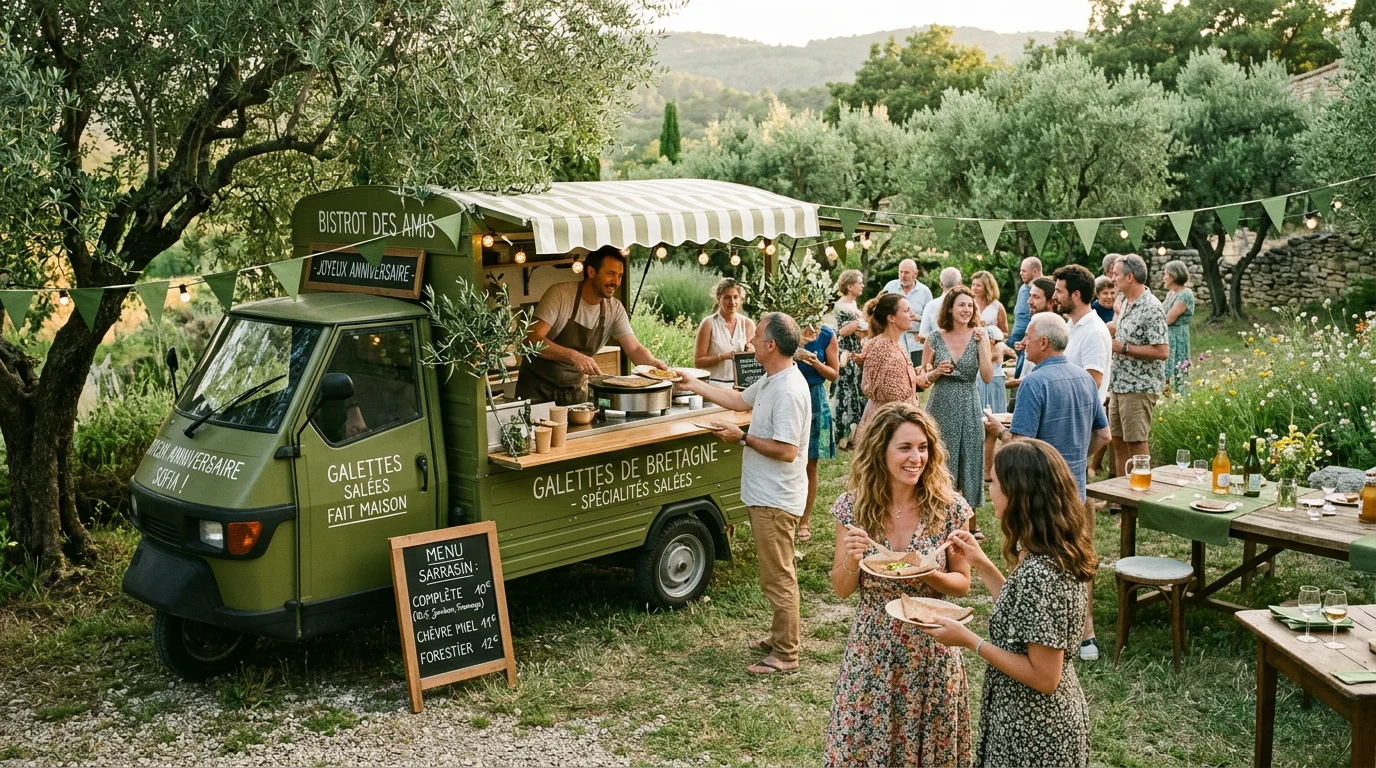 Invités réunis autour d'un food truck lors d'un anniversaire en extérieur en Provence