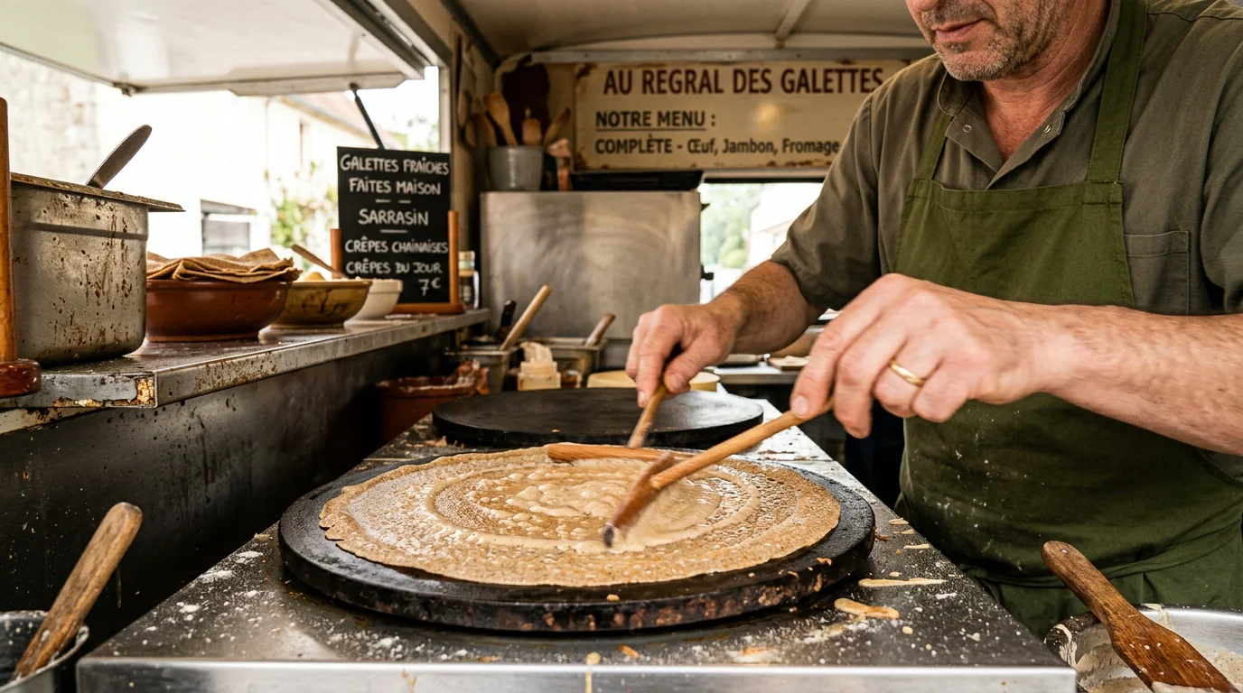 Préparation de galettes et crêpes à la minute dans un food truck