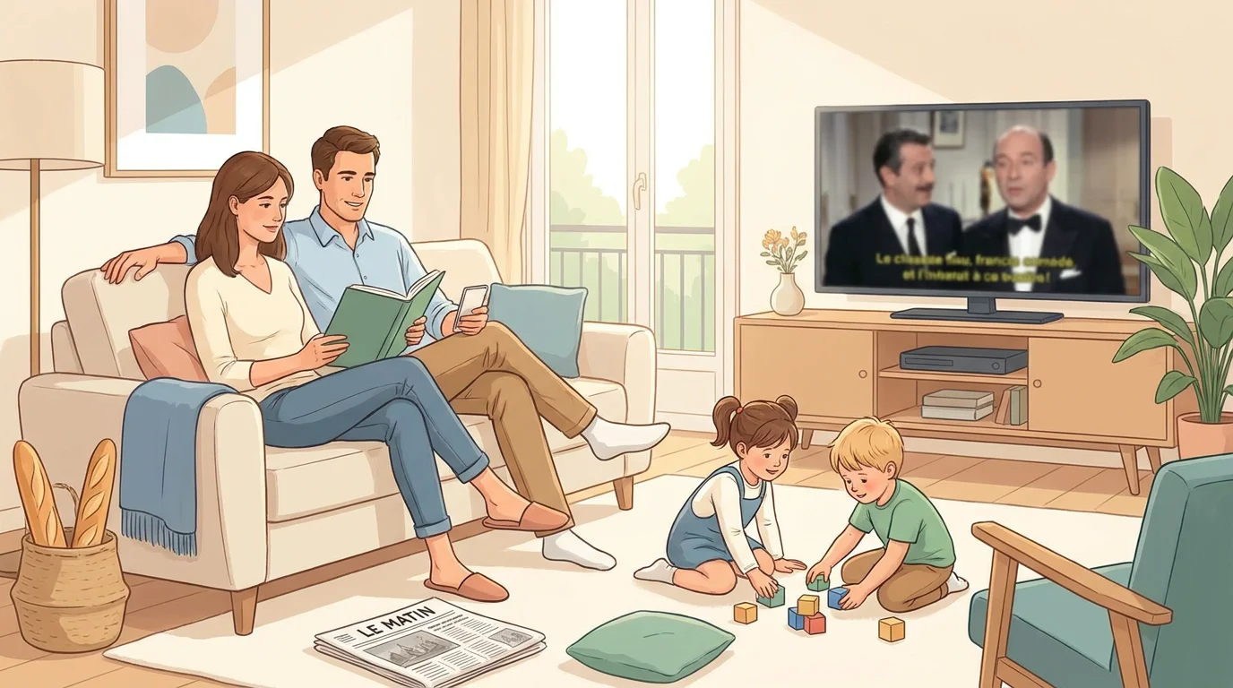 Famille française regardant un film sur la garde partagée dans leur salon