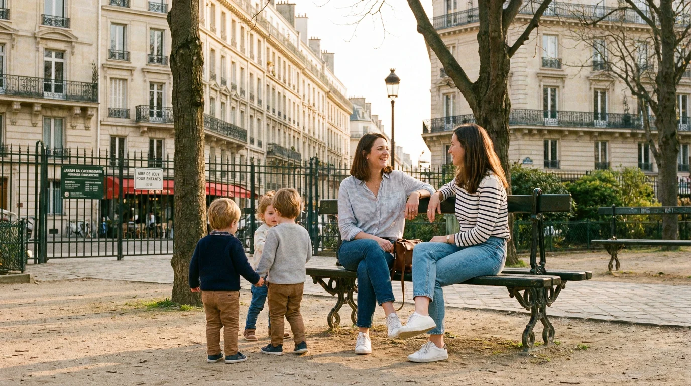 Deux familles françaises partageant un moment au parc avec leurs enfants en garde partagée