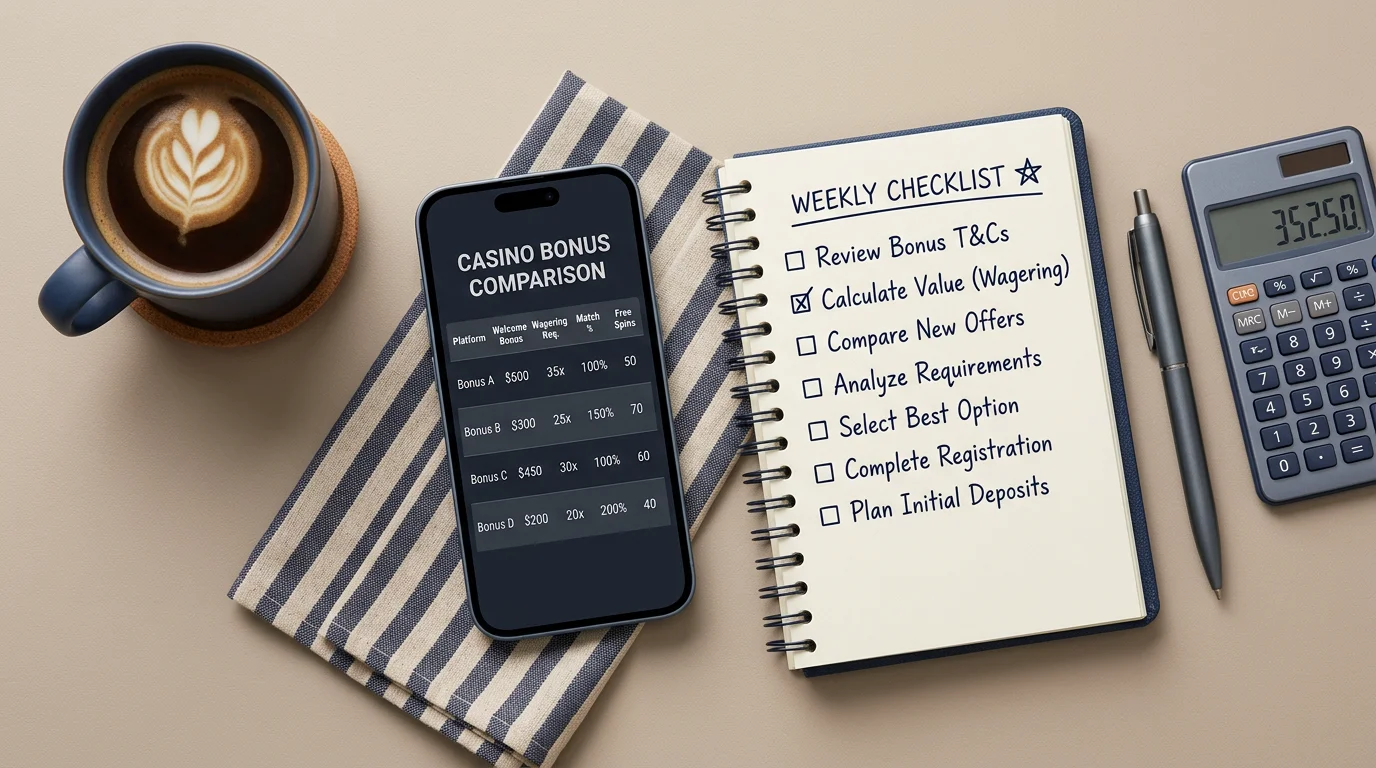 Overhead desk view of tools used to compare casino bonus terms