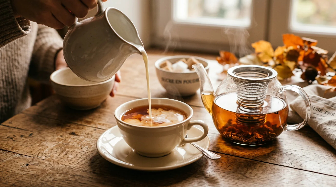 Tasse de thé noir à la crème d'érable avec un nuage de lait