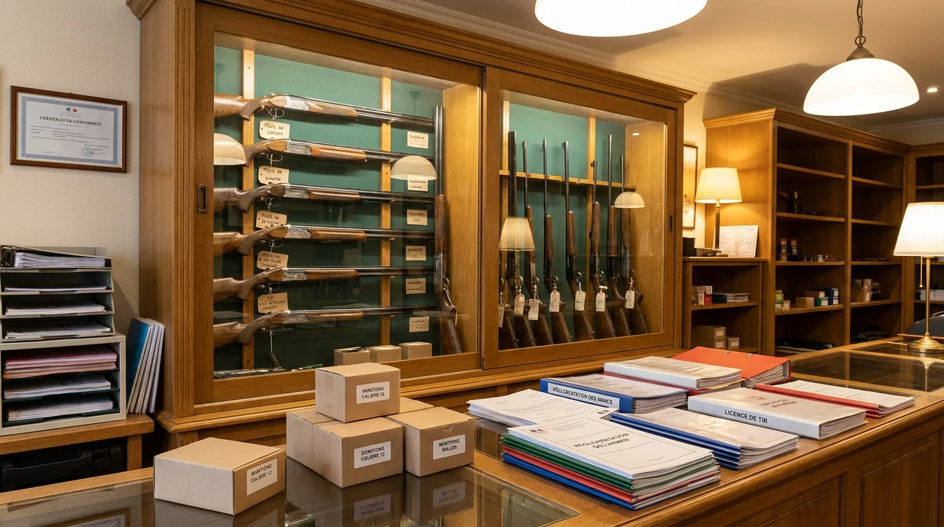 Comptoir d'armurerie française avec vitrines sécurisées et documents réglementaires