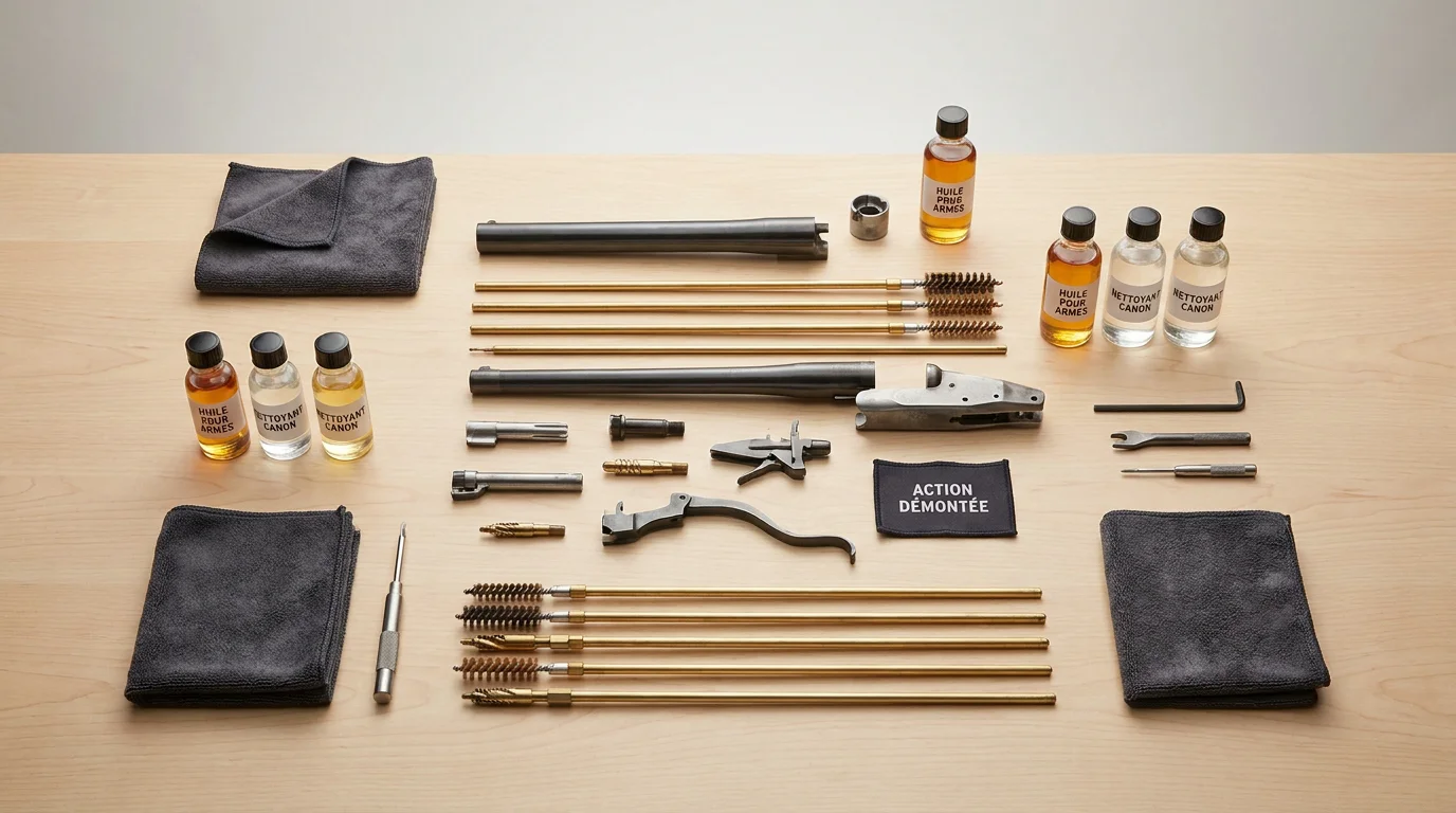 Outils de nettoyage et d'entretien d'armes à feu disposés sur un établi professionnel