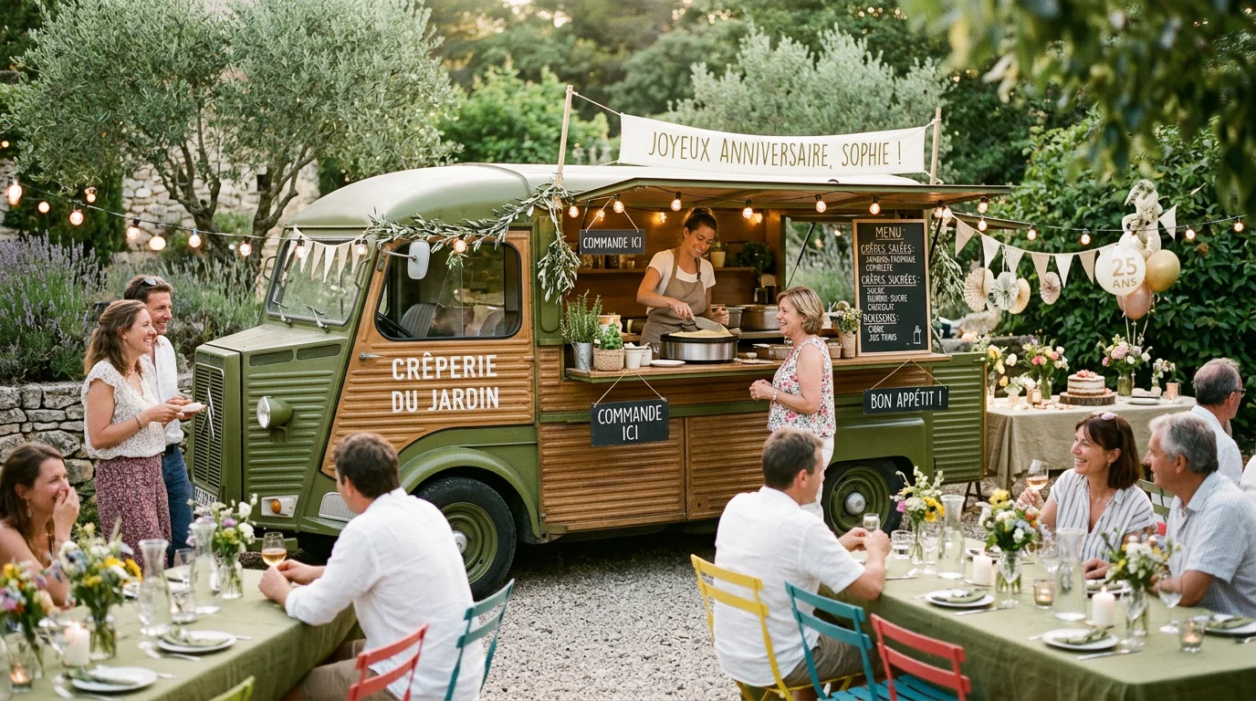 Food truck servant des crêpes lors d'un anniversaire dans un jardin provençal
