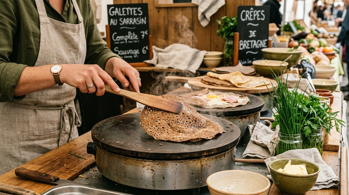 Galettes de sarrasin et crêpes préparées à la minute sur un stand d'anniversaire