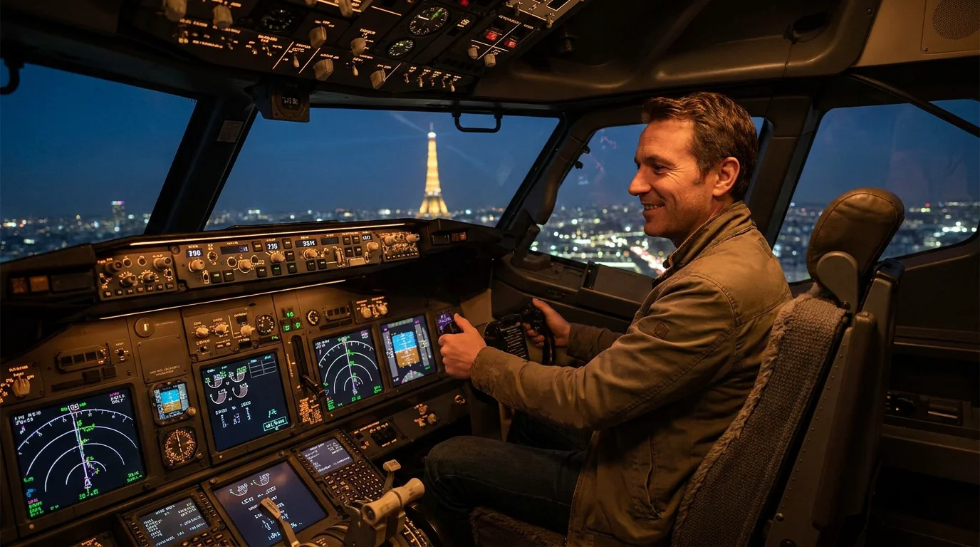 Intérieur d'un cockpit de simulateur de vol avec commandes réalistes et écrans lumineux