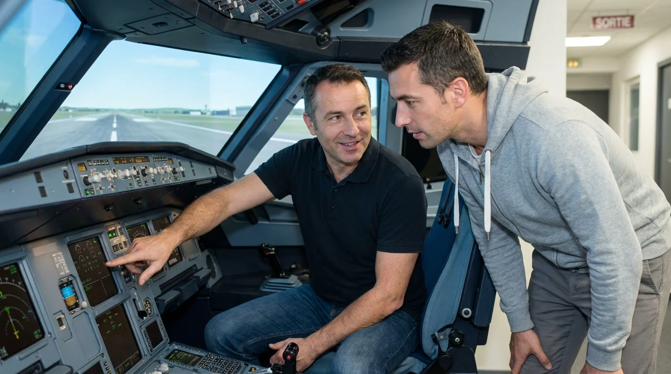 Instructeur expliquant les commandes du cockpit à un participant dans un simulateur de vol
