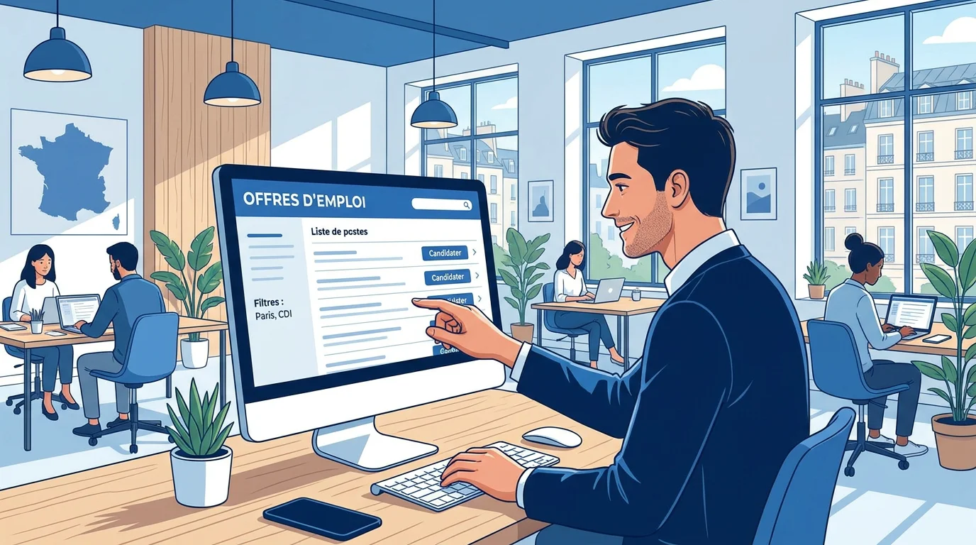 Candidat recherchant des missions d'intérim en ligne depuis un espace de travail moderne