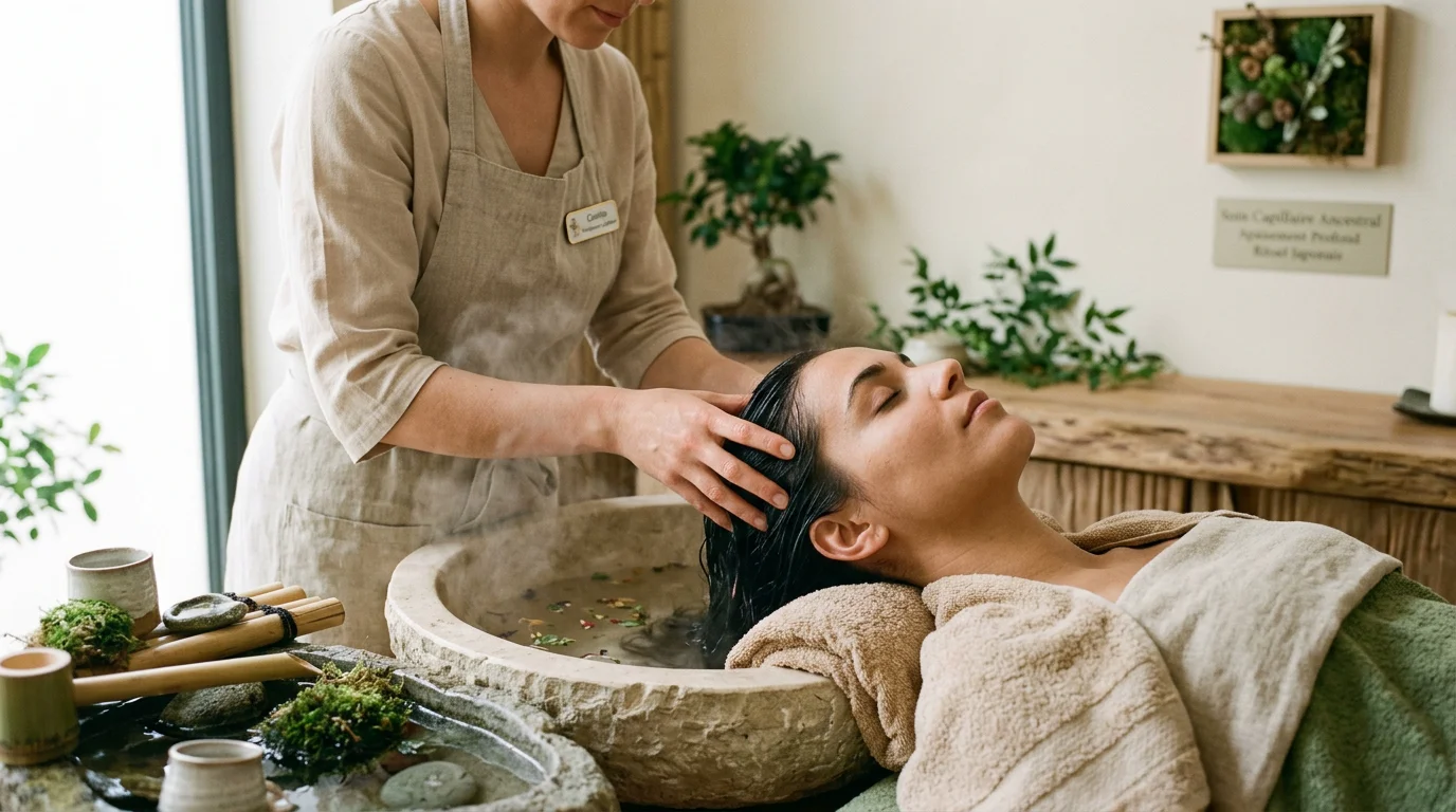Rituel head spa japonais avec massage du cuir chevelu au-dessus d'un bac de lavage