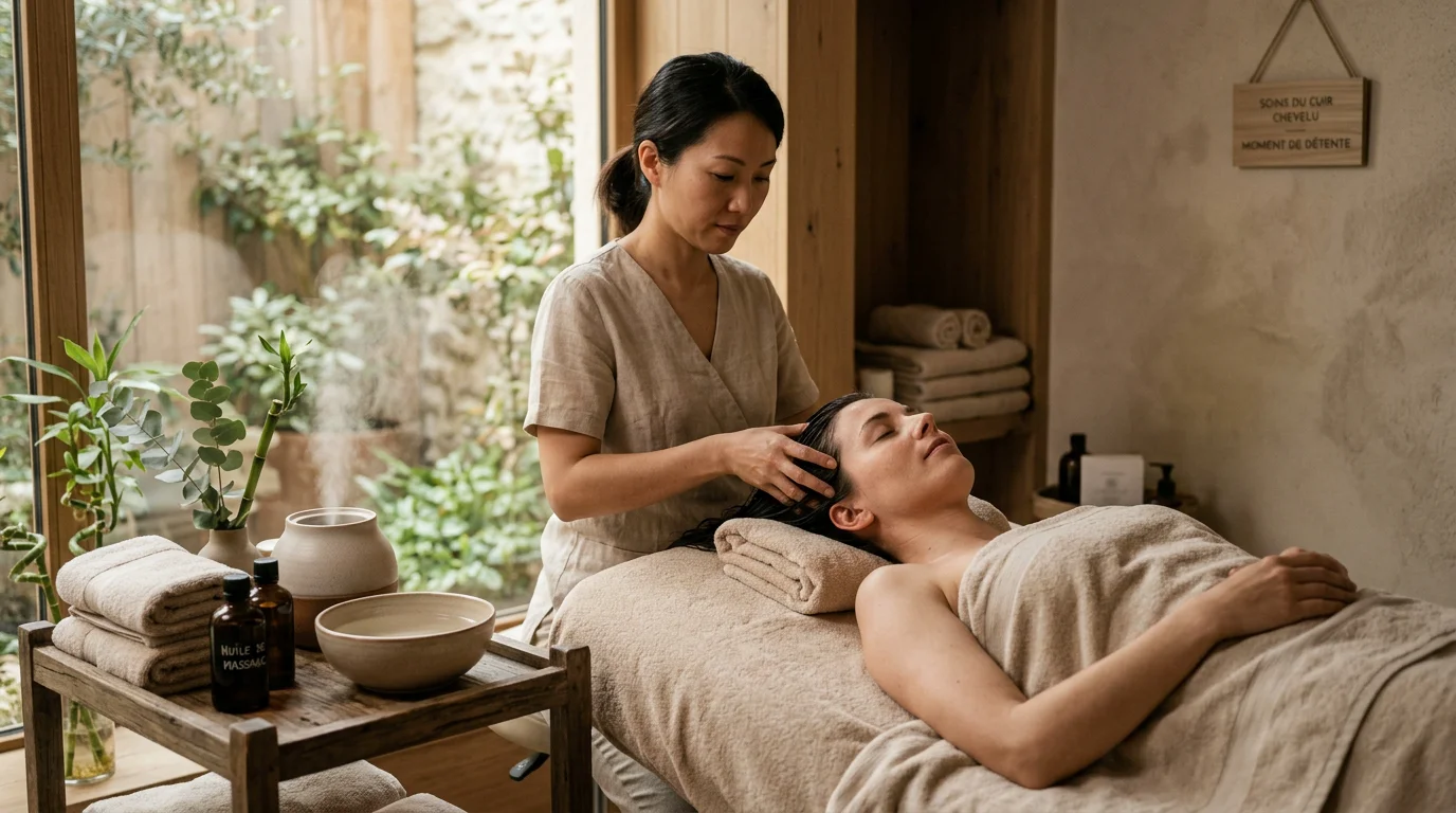 Praticienne réalisant un soin head spa japonais sur le cuir chevelu d'une cliente détendue