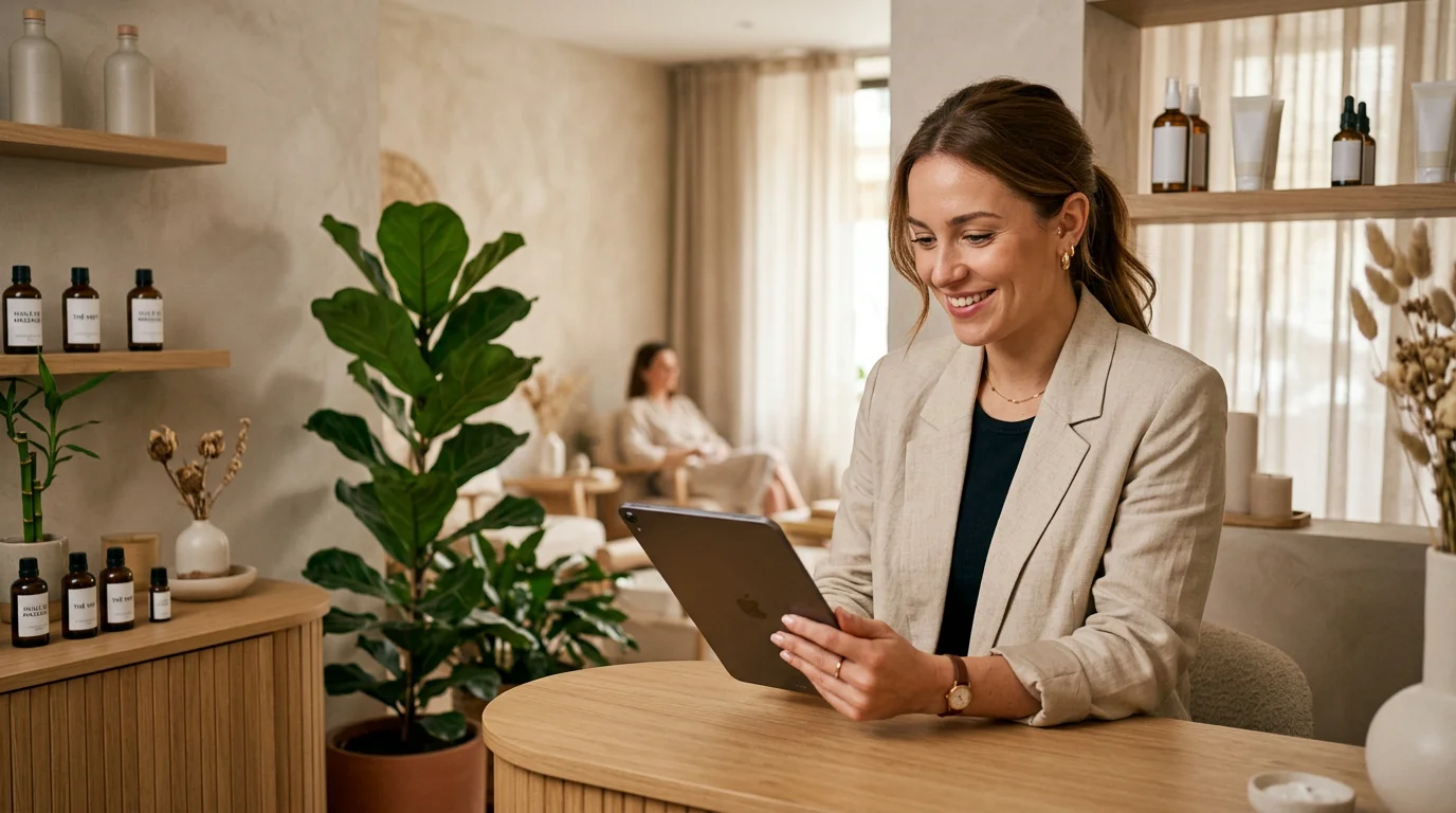 Professionnelle du bien-être gérant les réservations de sa prestation head spa dans son salon