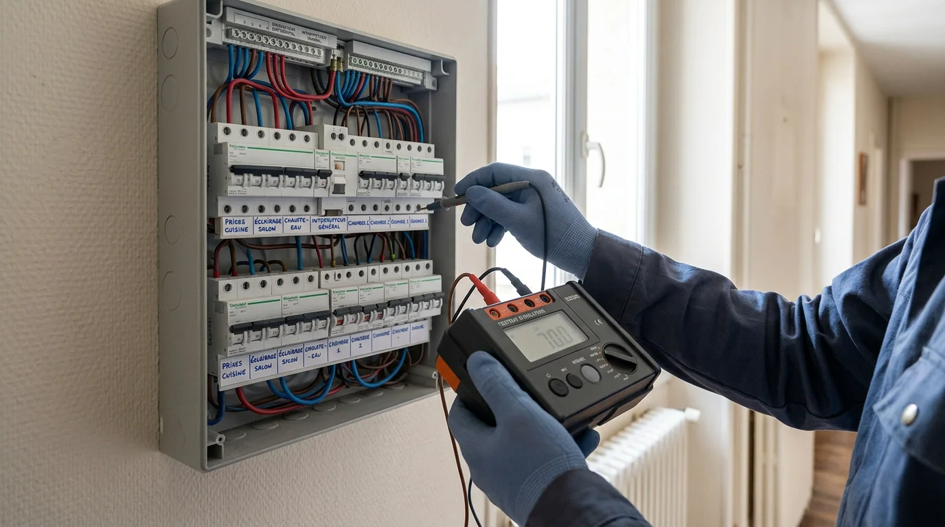 Technicien inspectant un tableau électrique lors d'un diagnostic