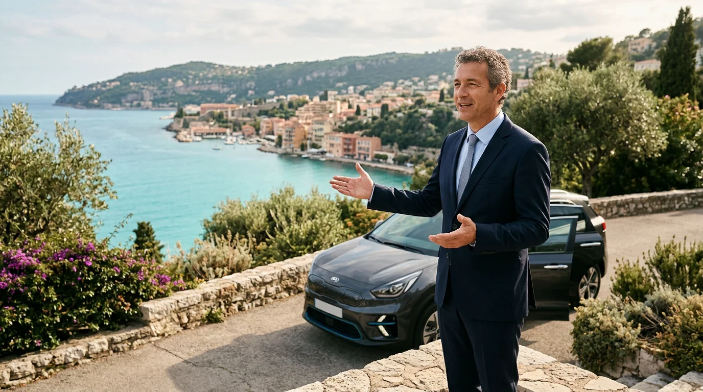 European chauffeur beside a grey electric SUV at a Riviera viewpoint sharing local history