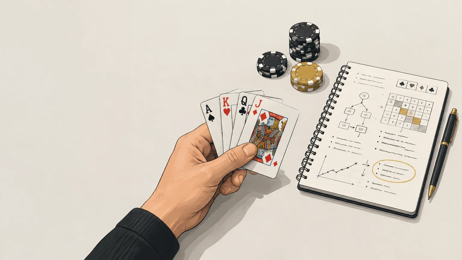 Cartes, jetons et fiche d’analyse évoquant l’étude d’une décision au poker.