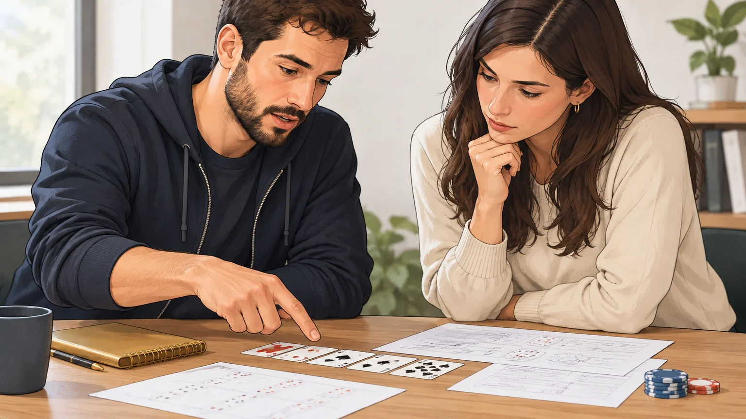 Deux personnes étudient ensemble une main de poker à partir de cartes et de notes.