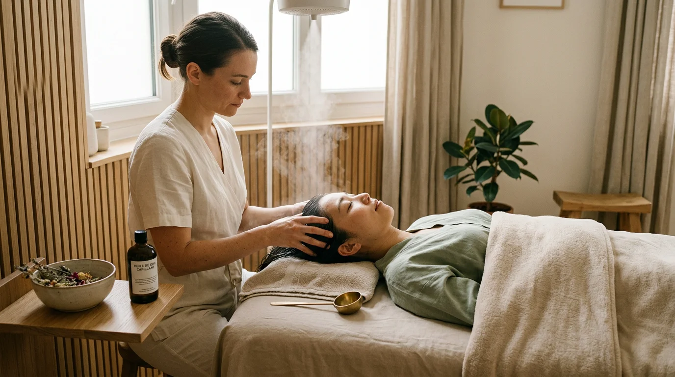 Personne allongée recevant un soin head spa japonais du cuir chevelu