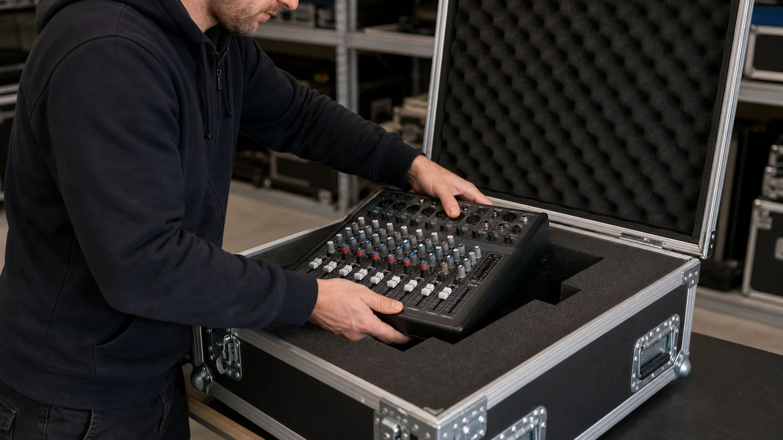 Un technicien ajuste une console audio dans la mousse d’un flightcase
