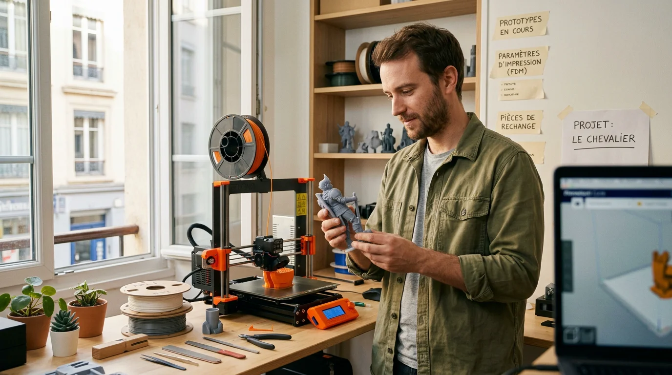 Créateur tenant une figurine imprimée en 3D à côté d'une imprimante FDM