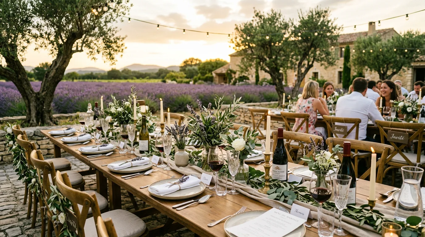 Table de réception de mariage dressée dans un domaine provençal
