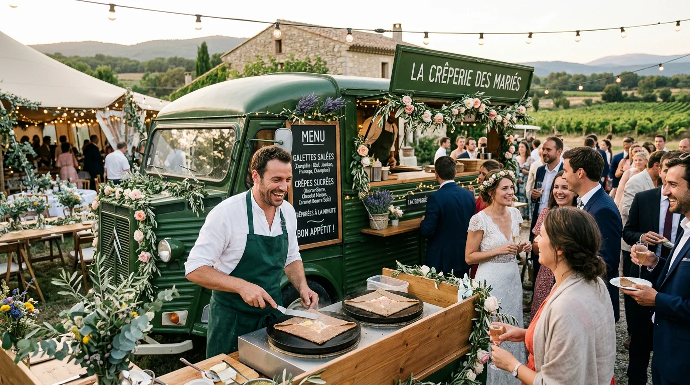 Food truck et bar à crêpes en préparation lors d'un mariage en Provence