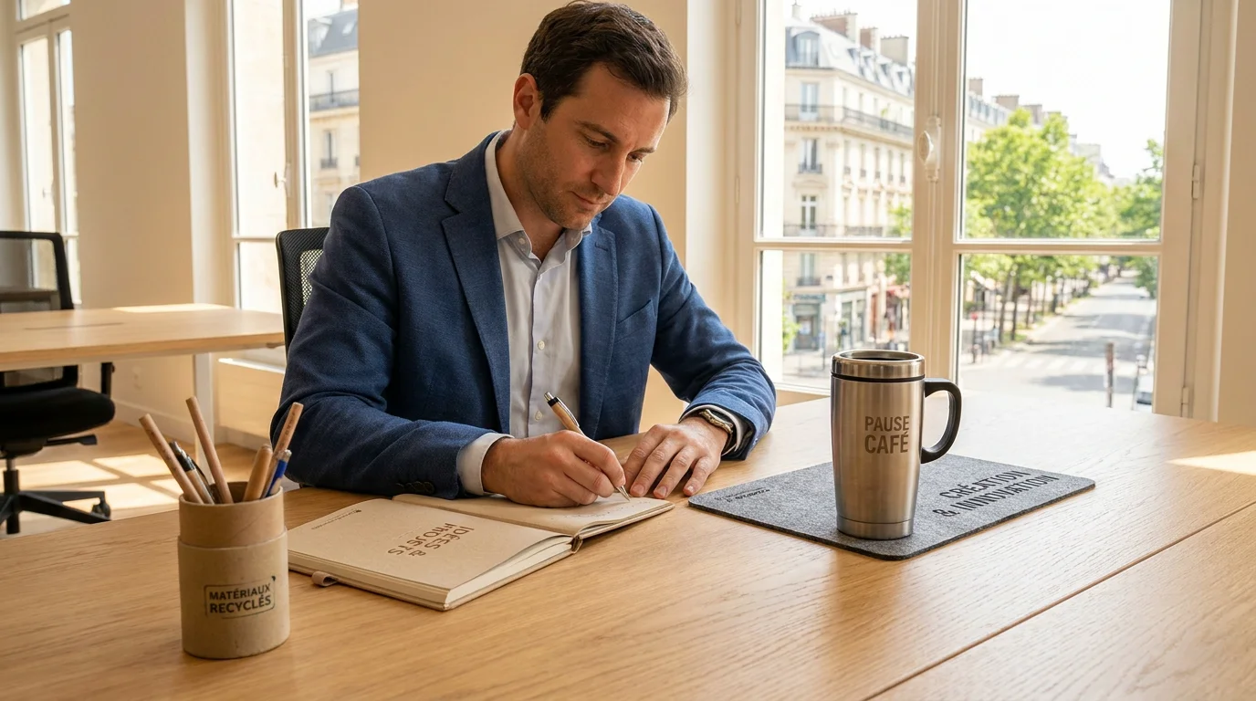 Bureau professionnel équipé de goodies personnalisés : carnet, mug isotherme et pot à crayons éco-responsable